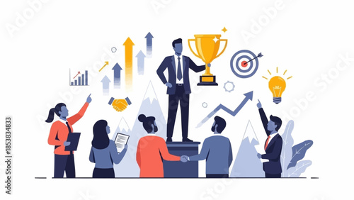 Successful businessman holding a trophy on a podium with his team celebrating achievements.