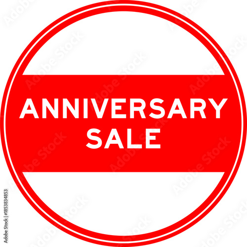 Red color round seal sticker in word anniversary sale on white background