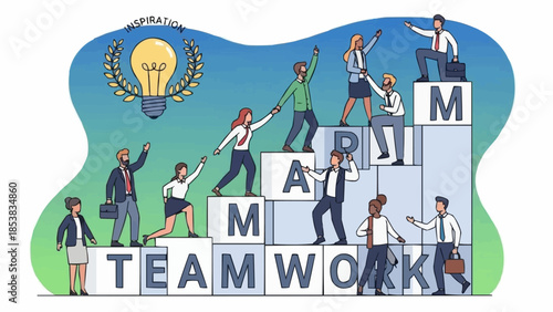 Diverse team collaborates to build success on blocks spelling teamwork.