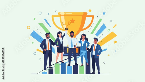 Successful Business Team Celebrating Achievement with Trophy.