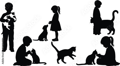 Kids and Pets Silhouette Vector Set, Children Holding Kitten, Girl and Puppy, Kids Playing with Cats, Childhood Friendship with Domestic Animals, Black and White Graphic.