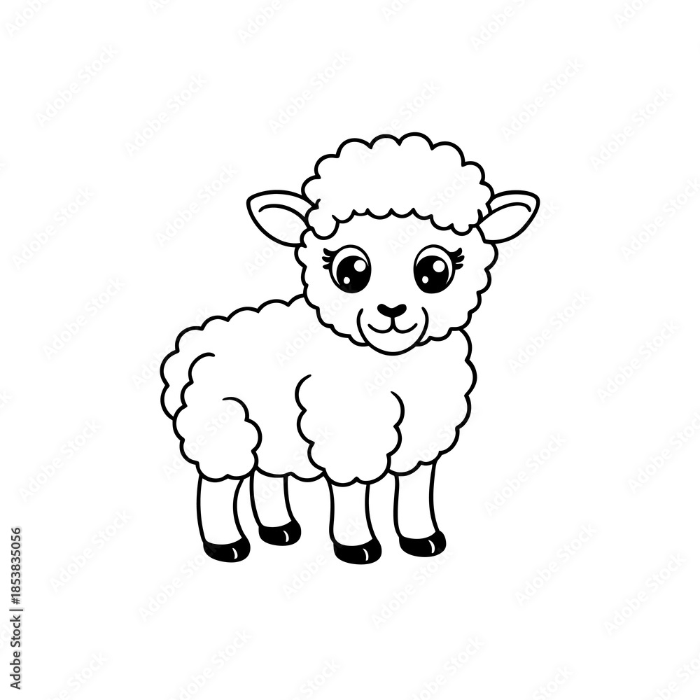 Obraz premium A simple black and white line drawing of a cute baby sheep standing on four legs.