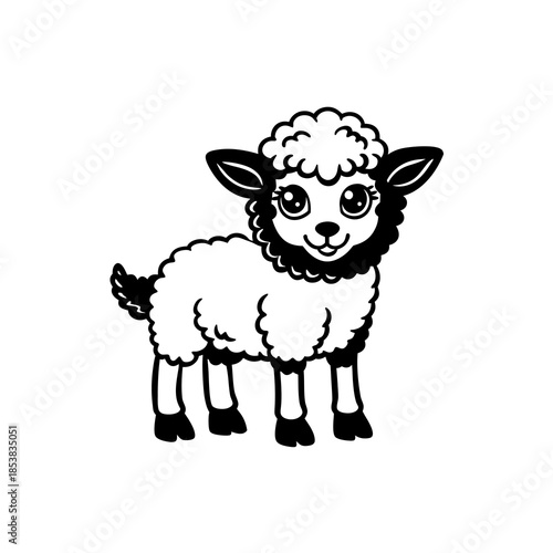 A cute cartoon illustration of a fluffy white lamb with black ears and face standing on four legs.