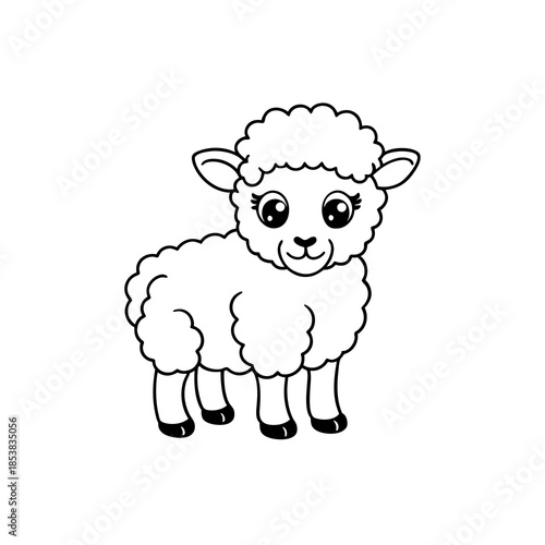 A simple black and white line drawing of a cute baby sheep standing on four legs.