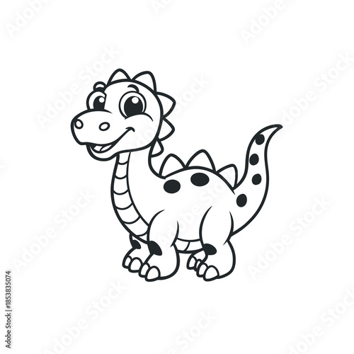 A cute cartoon illustration of a friendly baby dinosaur with big eyes and a happy smile.