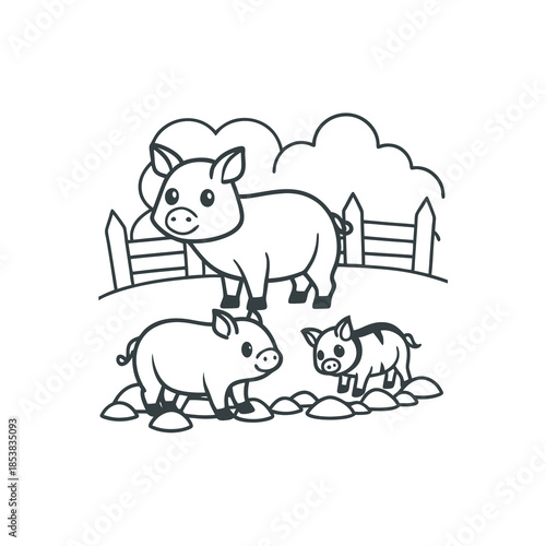 A cute cartoon line drawing of a mother pig with two piglets on a farm, perfect for a children's coloring book.