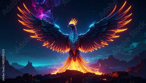  Silhouette of futuristic cyber phoenix rising with neon flames in night sky