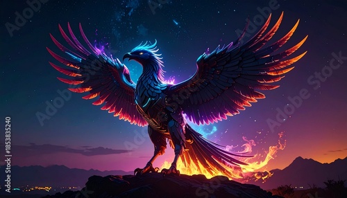  Silhouette of futuristic cyber phoenix rising with neon flames in night sky
