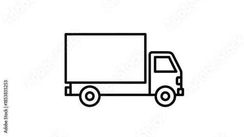 Simple black and white line icon representing a delivery truck perfect for logistics and transportation design projects