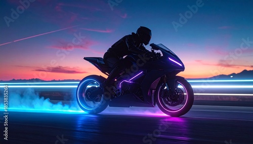  Silhouette of futuristic cyber rider on neon hover bike speeding horizon