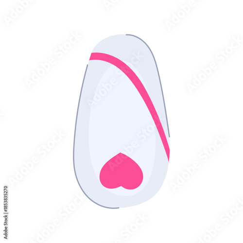White artificial nail displaying a decorative pink heart and diagonal stripe pattern, representing beauty, fashion, modern manicure, and romantic style