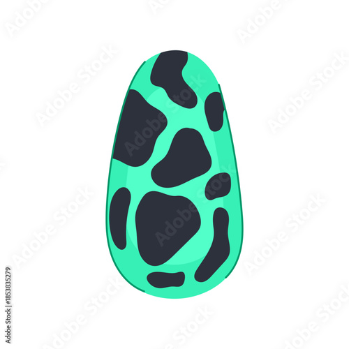 Single stylized fingernail showcasing a playful green and black spotted pattern, representing a modern approach to beauty and personal expression through creative nail art