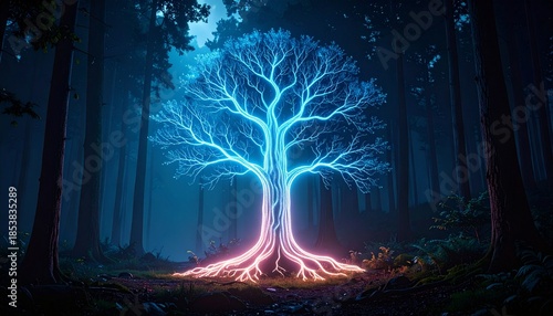 Silhouette of futuristic cyber tree glowing with neon veins in dark forest
