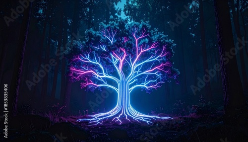 Silhouette of futuristic cyber tree glowing with neon veins in dark forest