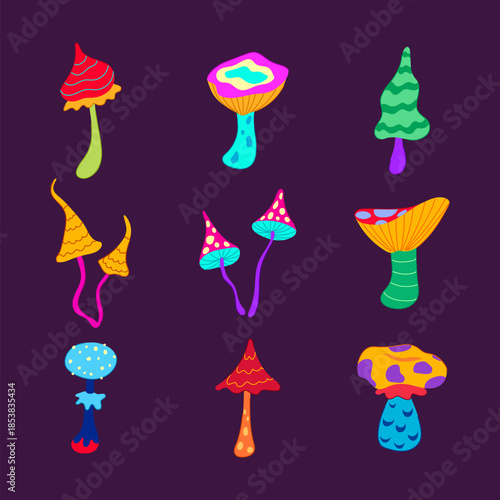 Collection of stylized vibrant mushrooms with neon colors and intricate patterns, creating a whimsical and imaginative vector artwork suitable for design and creative projects