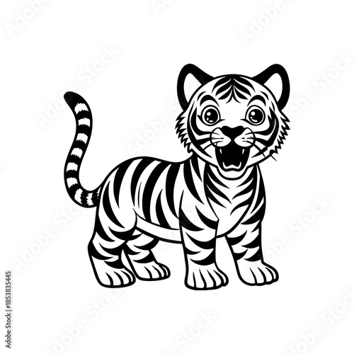 A cute black and white cartoon illustration of a baby tiger cub standing with its mouth open.