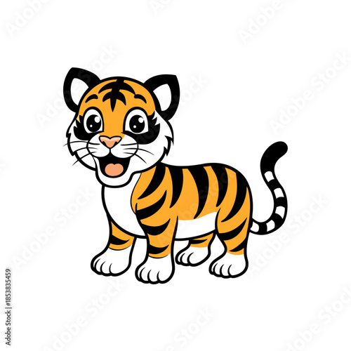 Adorable cartoon tiger cub with orange and black stripes and a happy expression.