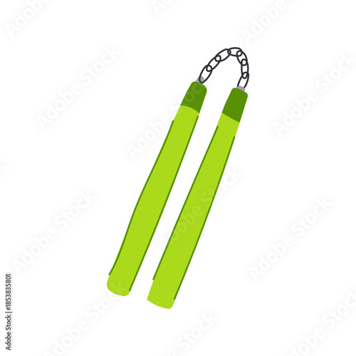 Nunchaku showing two green sticks connected by a black chain, representing a traditional martial arts weapon used for training, combat, and self defense
