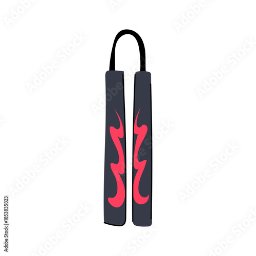 Nunchaku featuring fiery red flame decals, representing traditional asian martial arts, self defense, strength, and dynamic combat sports training equipment