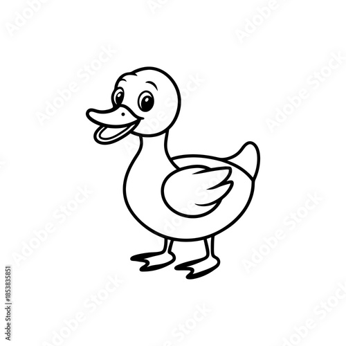 A simple black and white cartoon illustration of a happy duckling standing on its feet with its mouth open.