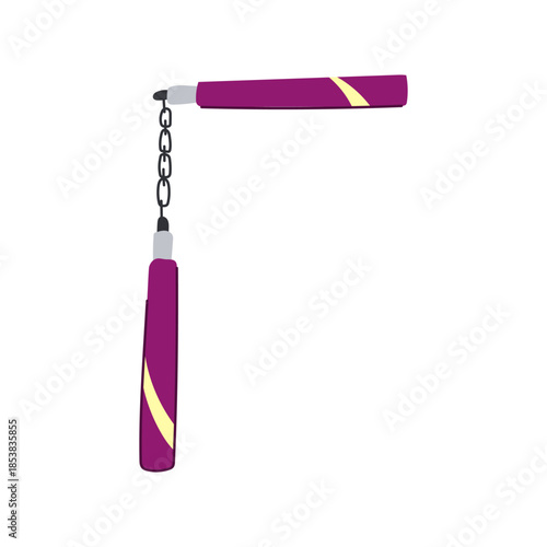 Nunchaku showing two purple handles with yellow stripes connected by a metal chain, representing martial arts, kung fu, oriental combat, training, and self defense concepts