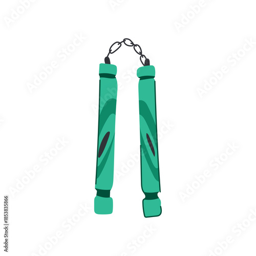 Nunchaku featuring two green sticks connected by a metal chain, representing traditional martial arts, self defense, focus, and discipline within combat sports and asian culture