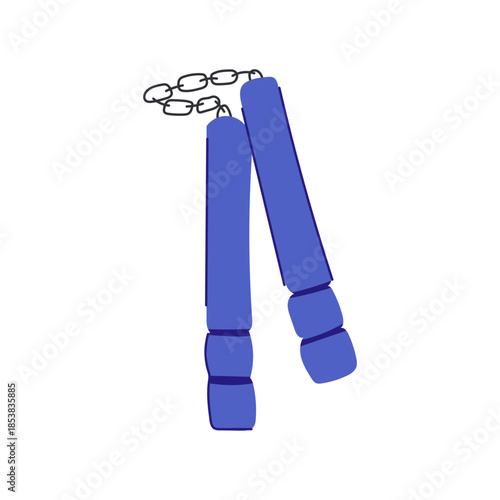 Blue nunchaku, a traditional okinawan martial arts weapon, connecting two short sticks with a chain, representing discipline, combat sports, and self defense training on a white background