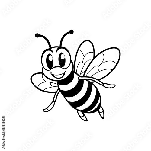 A happy cartoon bee with stripes and wings, flying in a simple black and white illustration.