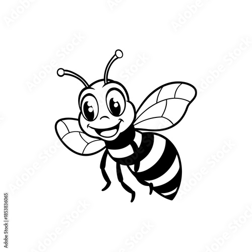 A happy cartoon bee with stripes and wings, smiling and flying in black and white.