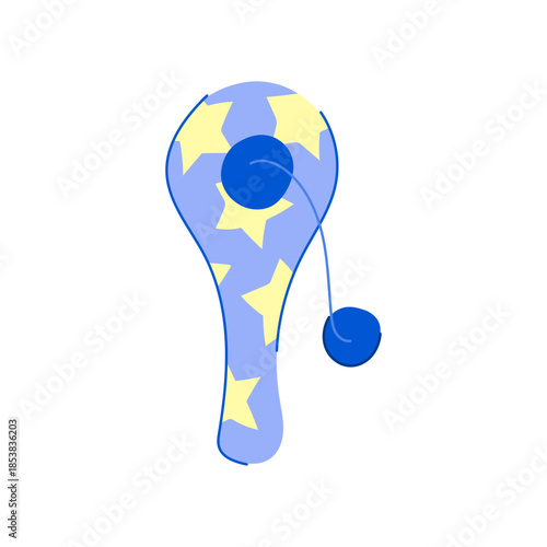 Paddle ball toy with blue ball on a string and yellow star pattern, vintage childhood game icon showing catching the ball in the paddle hole, retro playful skill toy illustration