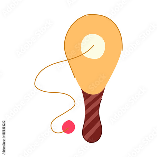Paddle ball toy illustration featuring a yellow paddle, red ball, and string, symbolizing classic fun, dexterity, and hand eye coordination in childhood activities