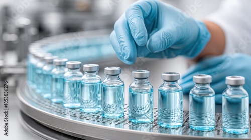 Vaccine vials on a production line being handled by a gloved hand.
