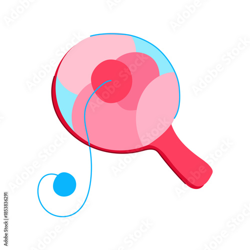 Paddle ball toy features a vibrant red paddle with a blue string connecting it to a small blue ball, representing a classic recreational activity and developing hand eye coordination