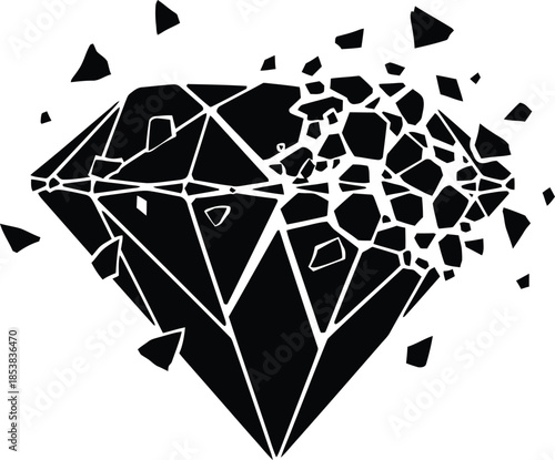 Black Silhouette Of A Diamond Shattering Into Many Pieces On White Background abstract broken