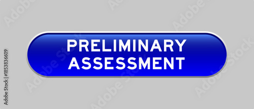 Blue color capsule shape button with word preliminary assessment on gray background