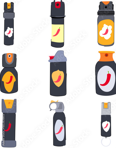 Pepper spray devices displaying chili pepper icons, representing non lethal self defense tools for personal safety and protection in various shapes and sizes