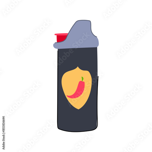 Pepper spray canister upright with shield emblem showing red chili pepper, symbolizing capsaicin based personal defense and urban safety for self protection and crime deterrence