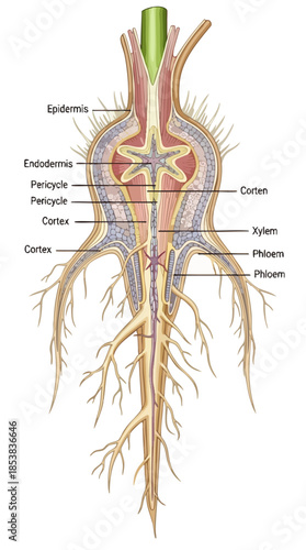 Anatomical cross-section illustrating the complex internal structure and external branching of a plant root system, highlighting vital components of plant anatomy for biological education