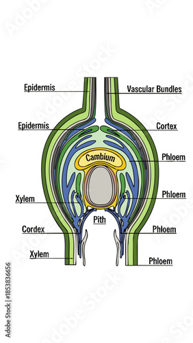 Detailed anatomical illustration of a plant stem, revealing the complex internal structure with vascular bundles, epidermis, xylem, and phloem for botanical study and scientific education