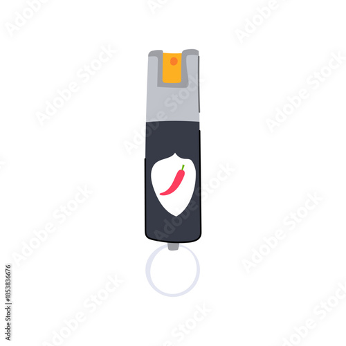 Portable pepper spray canister with shield icon and hot chili pepper motif, symbolizing personal safety, non lethal self defense, protection, and crime prevention accessory