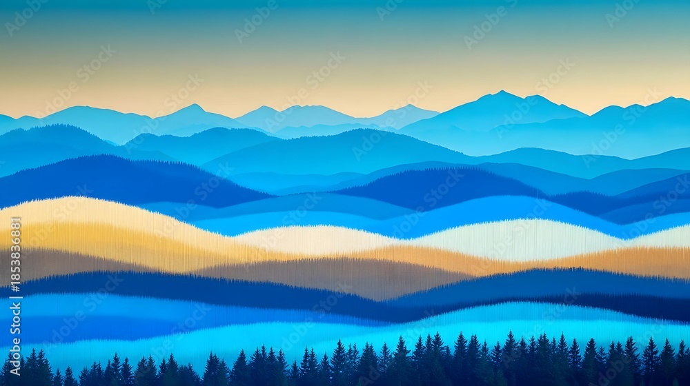 Fototapeta premium Serene Mountain Landscape with Rolling Hills and Trees.