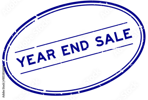 Grunge blue year end sale word oval rubber seal stamp on white background