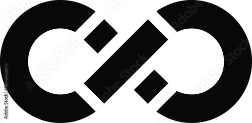 Interlocking black loops forming an infinity symbol with diagonal bars on white background abstract