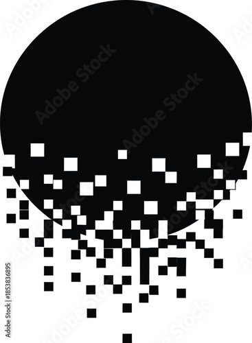 Black circle dissolving into scattered white squares on white background vector illustration