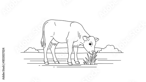 Baby Cow Grazing Line Art Illustration for Kids Coloring Book Page