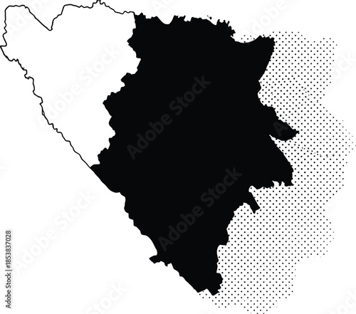 Political Map Showing Bosnia and Herzegovina Administrative Divisions, Highlighting Federation of Bosnia Herzegovina and Republika Srpska Territories, Black and White Vector