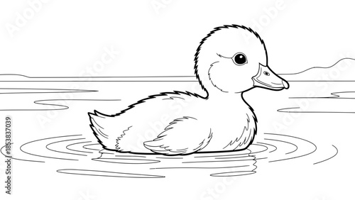 Baby Duck Swimming Line Art Illustration for Kids Coloring Book Page