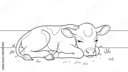 Baby Cow Resting Line Art Illustration for Kids Coloring Book Page