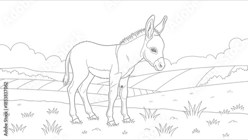Baby Donkey Walking Line Drawing for Children Coloring Book