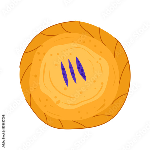 Sweet baked pie featuring a golden crust and three violet filling slits, presented in a simple cartoon illustration from a top down perspective, ideal for food related designs